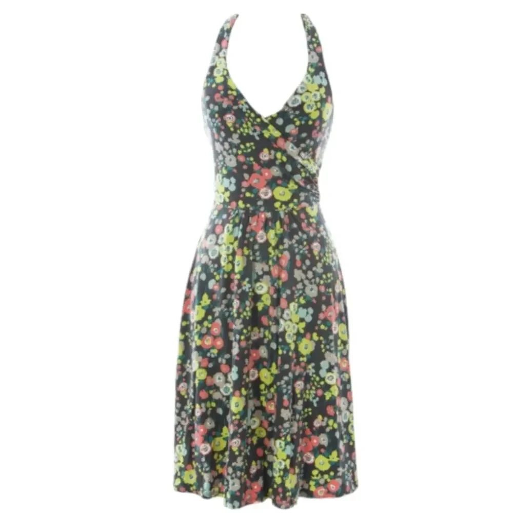 BODEN Women's St. Lucia‎ Halter Dress US Sz 6 Grey Floral Chartreuse Multicolor
